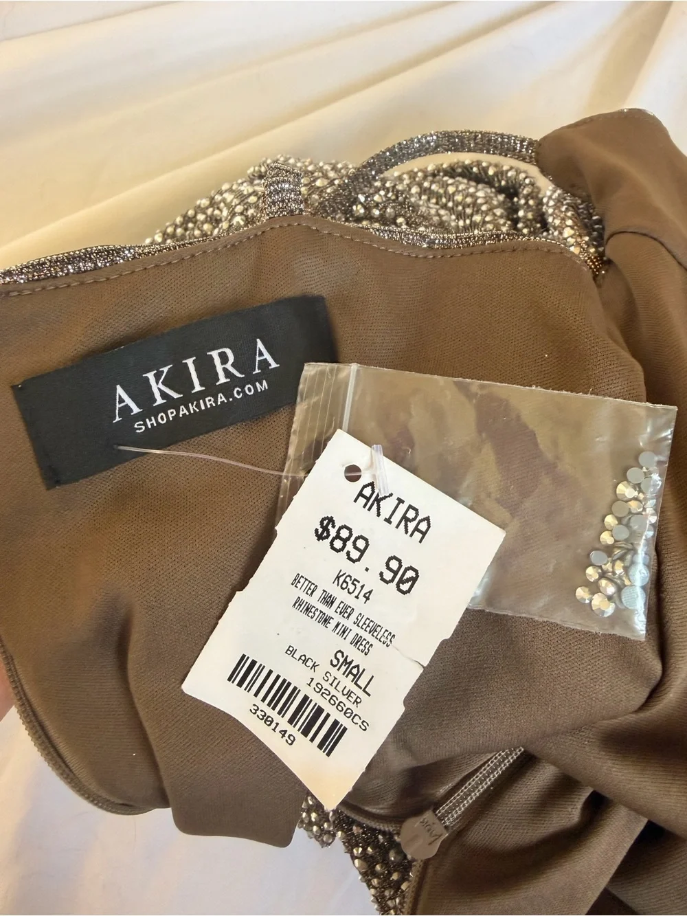 NWT AKIRA Silver Rhinestone Ruched Mini Dress - Picture 8 of 8